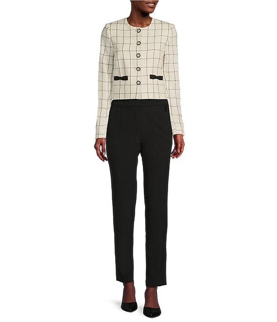 KARL LAGERFELD PARIS Woven Windowpane Collarless Long Sleeve Cropped Button Front Jacket Product Image