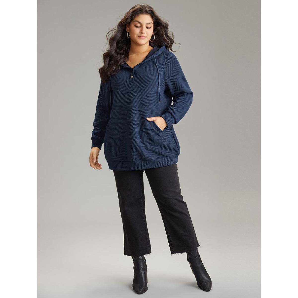 Plus Size Solid Textured Button Up Pocket Hooded Drawstring Sweatshirt Women Indigo Casual Texture Hooded Dailywear Sweatshirts BloomChic 10/M Product Image