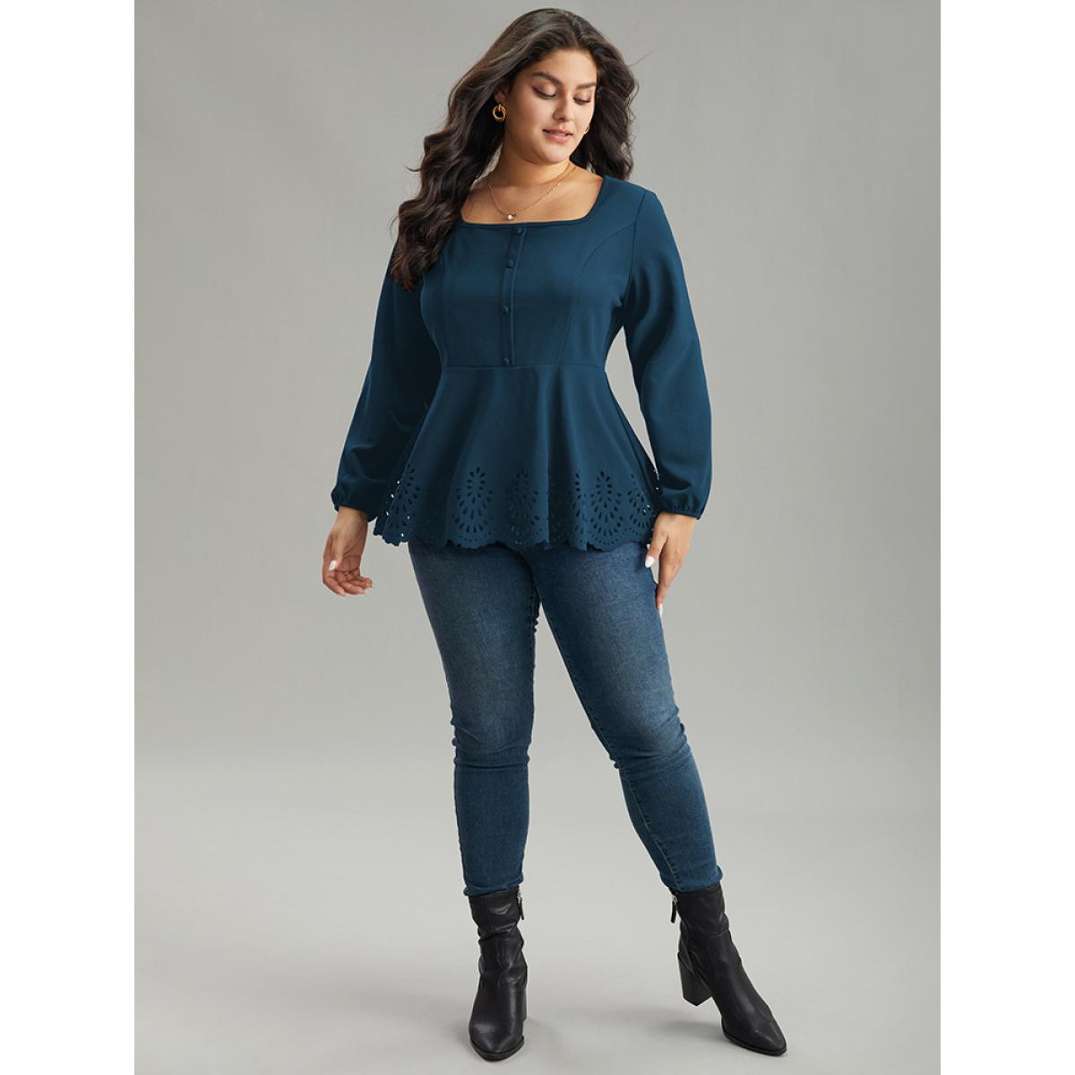 Plus Size Cyan Plain Laser Cut Button Detail Blouse Women Elegant Long Sleeve Square Neck Dailywear Blouses BloomChic 26/4X Product Image