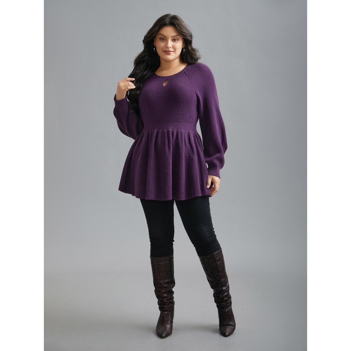 Plus Size Plain Textured Keyhole Raglan Sleeve Pullover Deeppurple Women Timeless Bodycon Long Sleeve Round Neck Elegant Pullovers BloomChic 30/6X Product Image