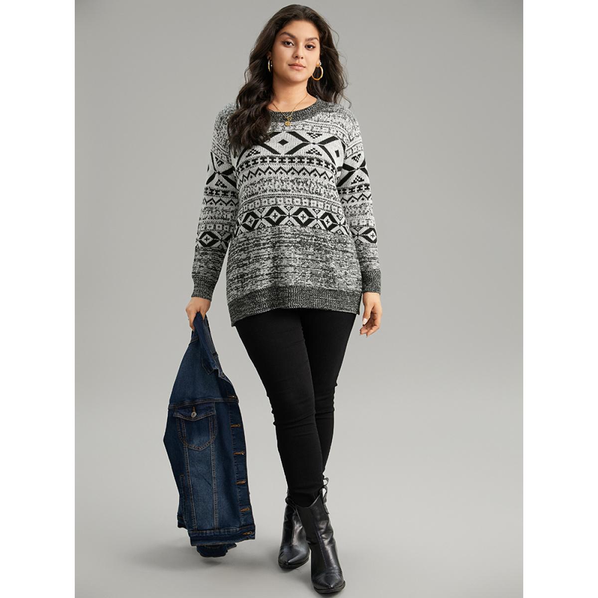 Plus Size Bandana Print Heather Loose Pullover Black Women Casual Loose Long Sleeve Round Neck Dailywear Pullovers BloomChic 12/L Product Image