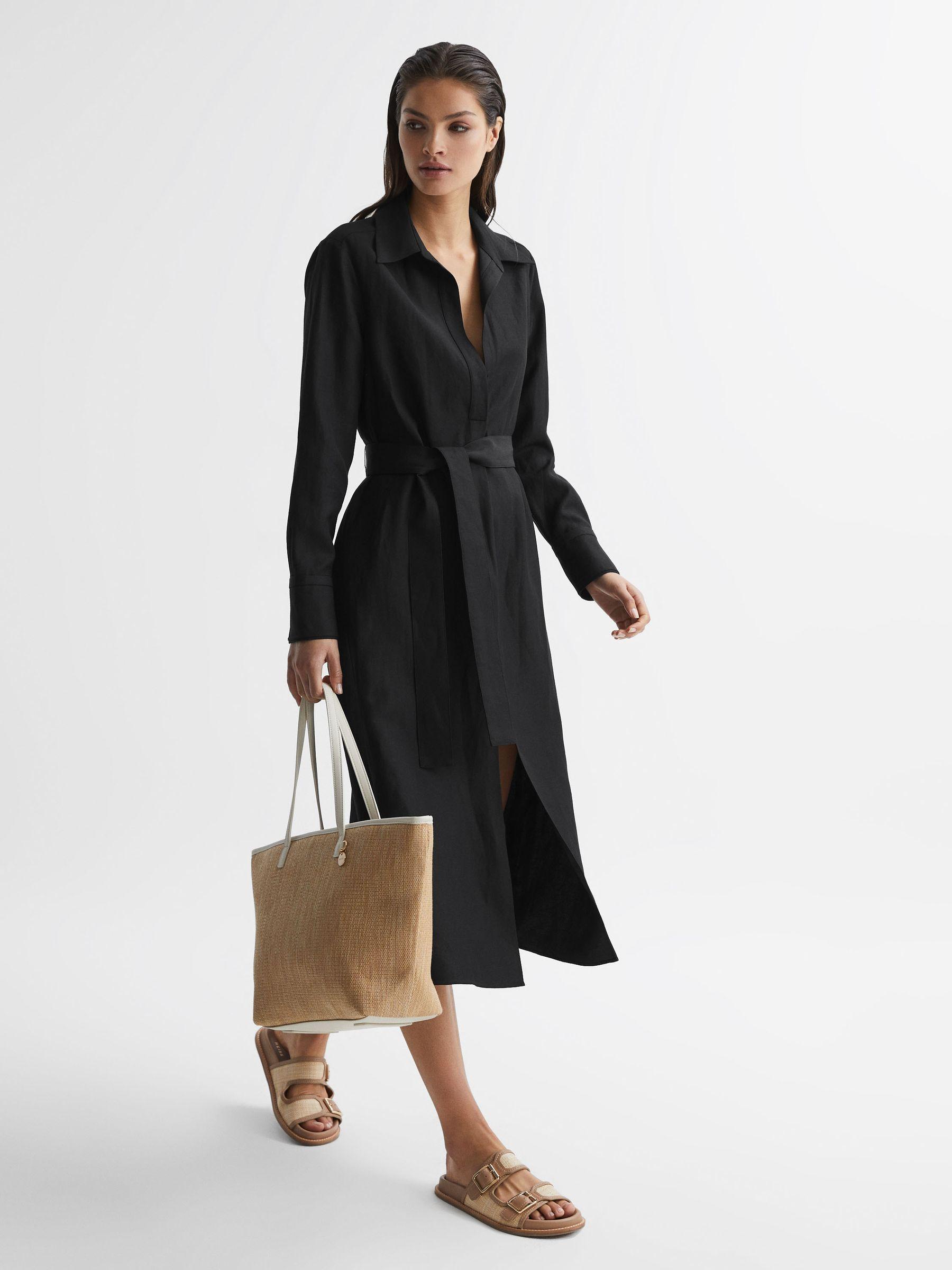 Premium Linen Blend Midi Dress in Black Product Image