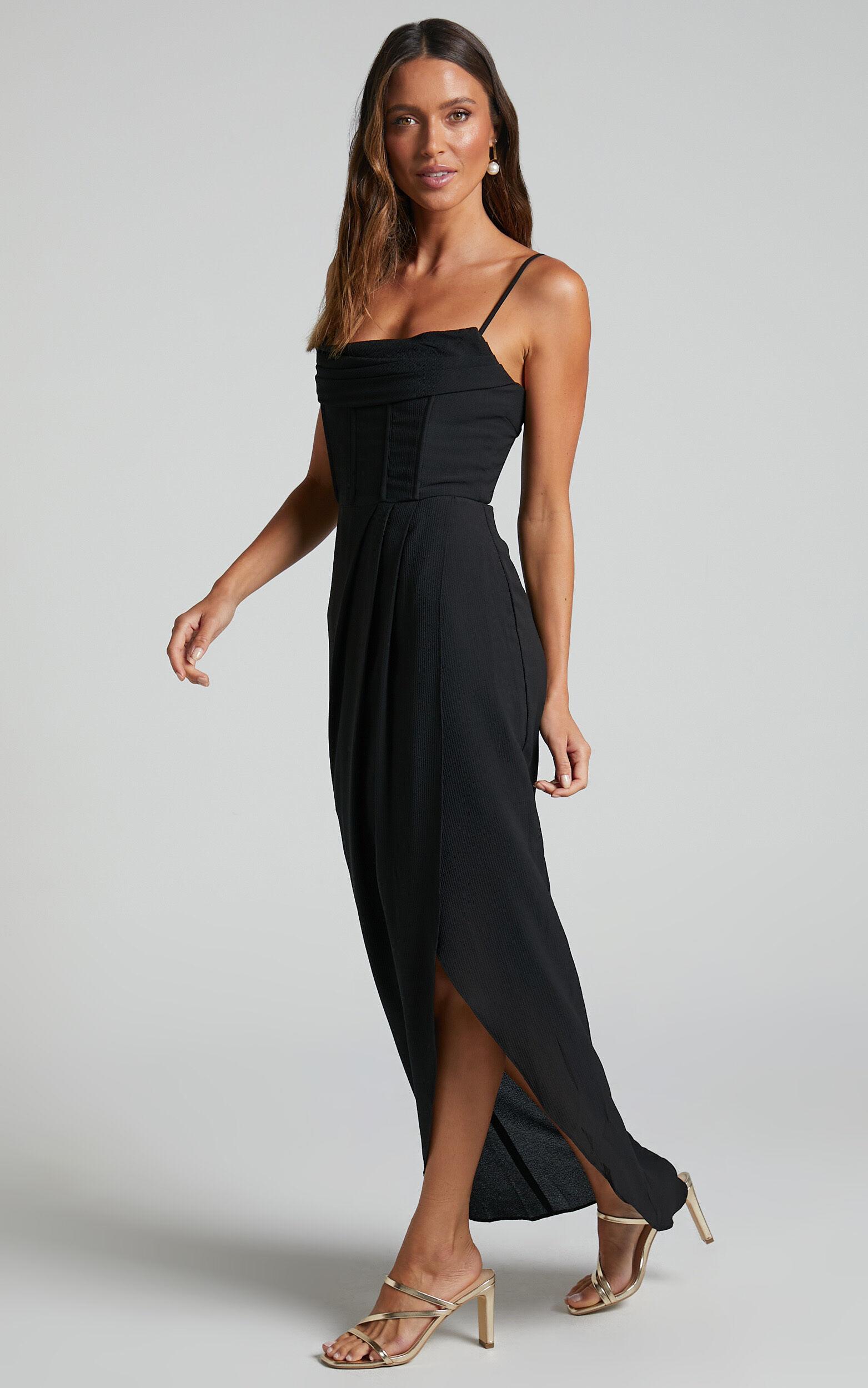 Andrina Midi Dress - High Low Wrap Corset Dress in Black Product Image