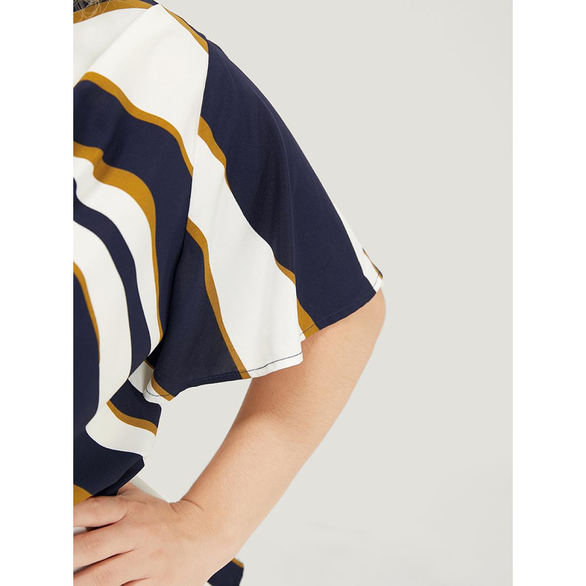 Plus Size Multicolor Geometric Contrast Cowl Neck Ruffle Sleeve Blouse Women Office Short sleeve Cowl Neck Work Blouses BloomChic 30/6X Product Image