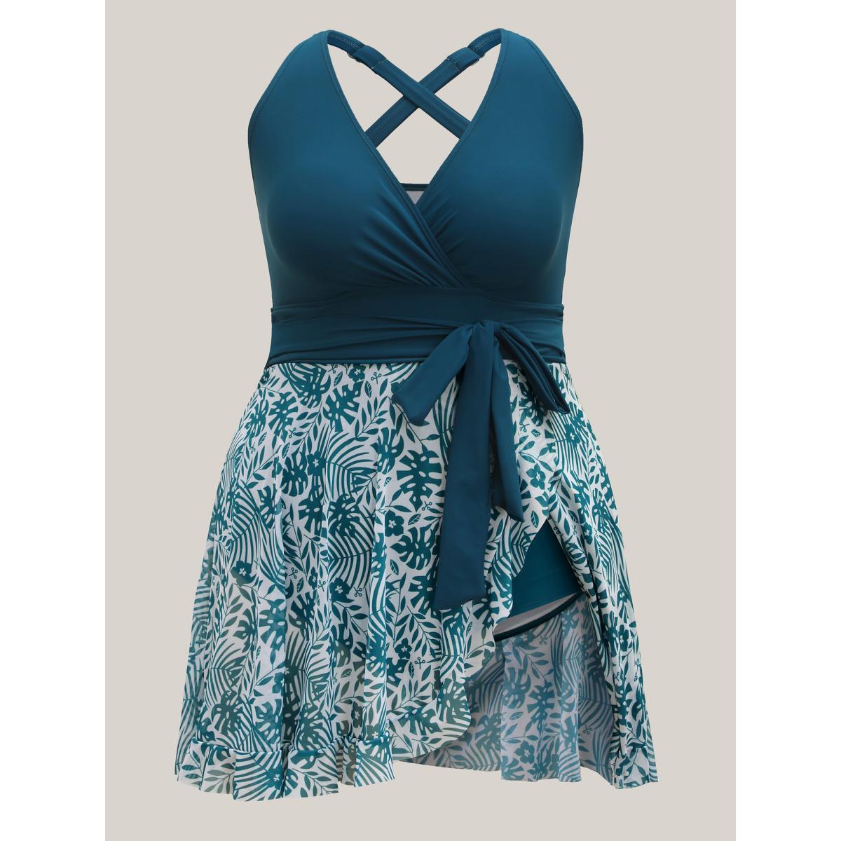 Plus Size Tropical Split Mesh Belted Swim Dress Women's Swimwear Cyan Resort Bodycon Overlap Collar High stretch Curve Swim Dresses BloomChic 14-16/1X Product Image