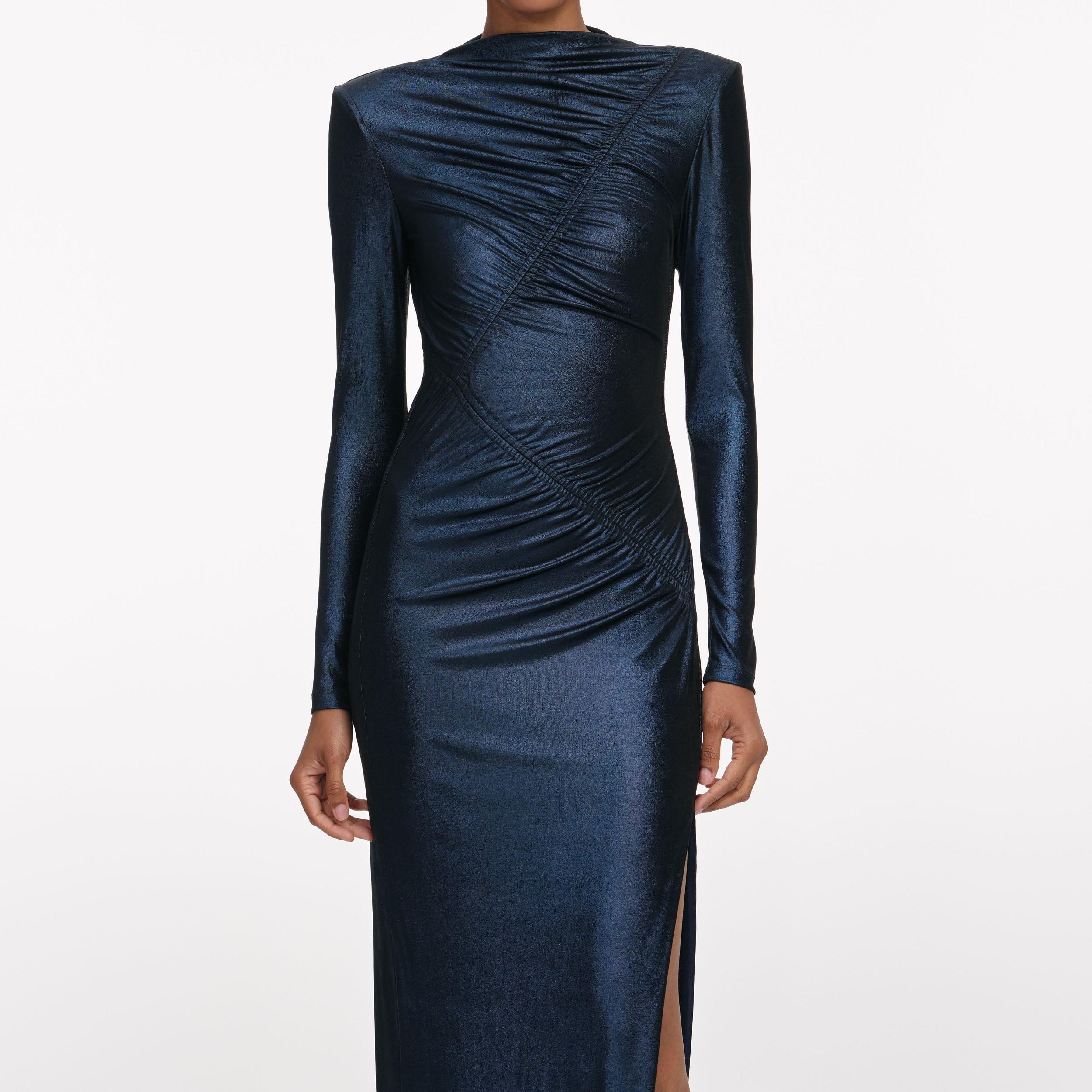 Navy Metallic Gathered Maxi Dress Product Image