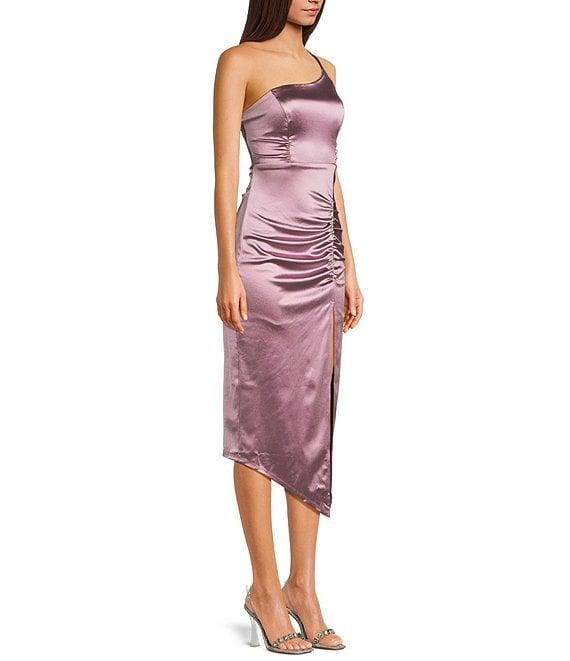 One Shoulder Shirred Side Slit Satin Midi Dress Product Image