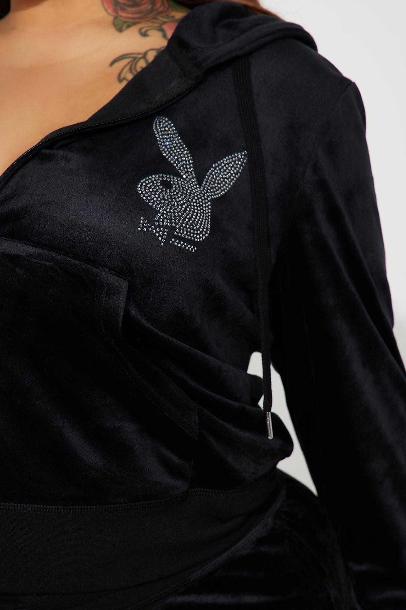Velour Playboy Zip Font Hoodie - Black Product Image