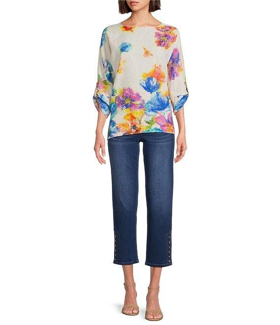 Ali Miles Linen Blend Multi Floral Round Neck High-Low Hem 3/4 Dolman Roll-Tab Sleeve Tunic Product Image