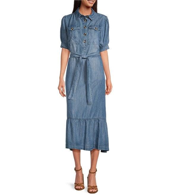 ELAN Denim Notch Collar Short Sleeve Tie-Waist Midi Shirtdress Product Image