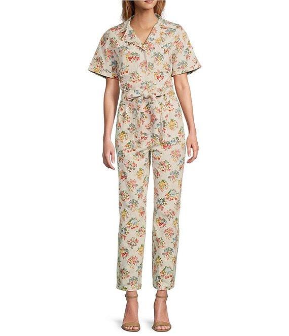 Skies Are Blue Floral Printed Notch Collar Short Sleeve Jumpsuit Product Image