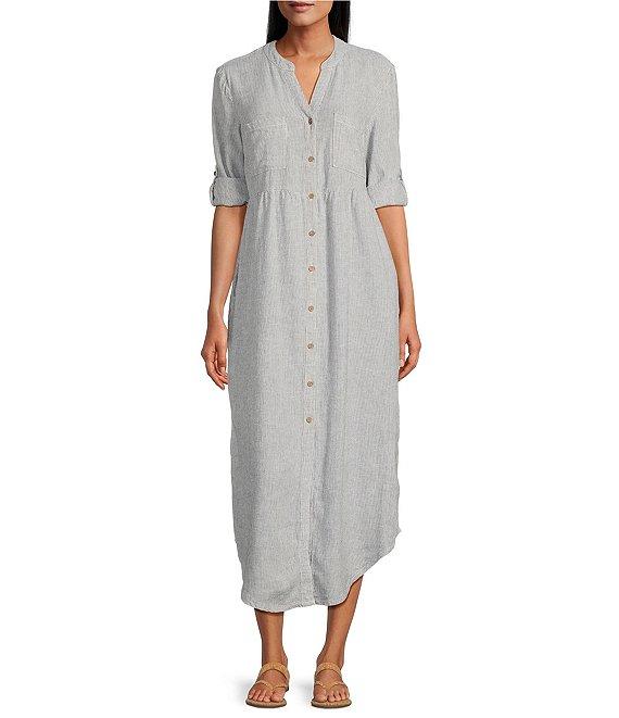 Westbound Stripe 3/4 Rolled Sleeve Y-Neck Button-Front Maxi Shirt Dress Product Image