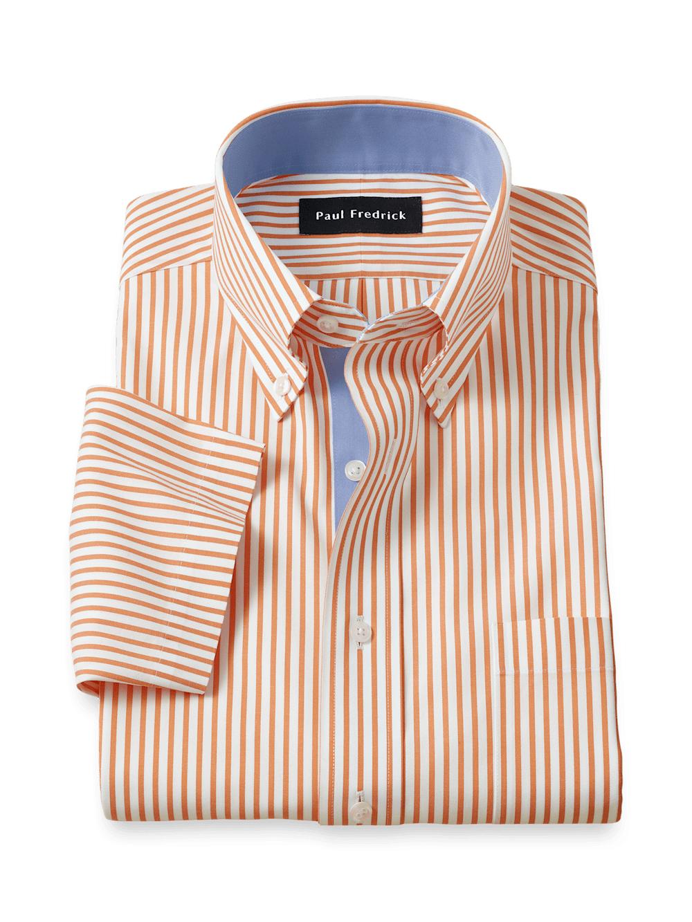 Comfort Stretch Non-Iron Stripe Dress Shirt With Contrast Trim - Melon Product Image