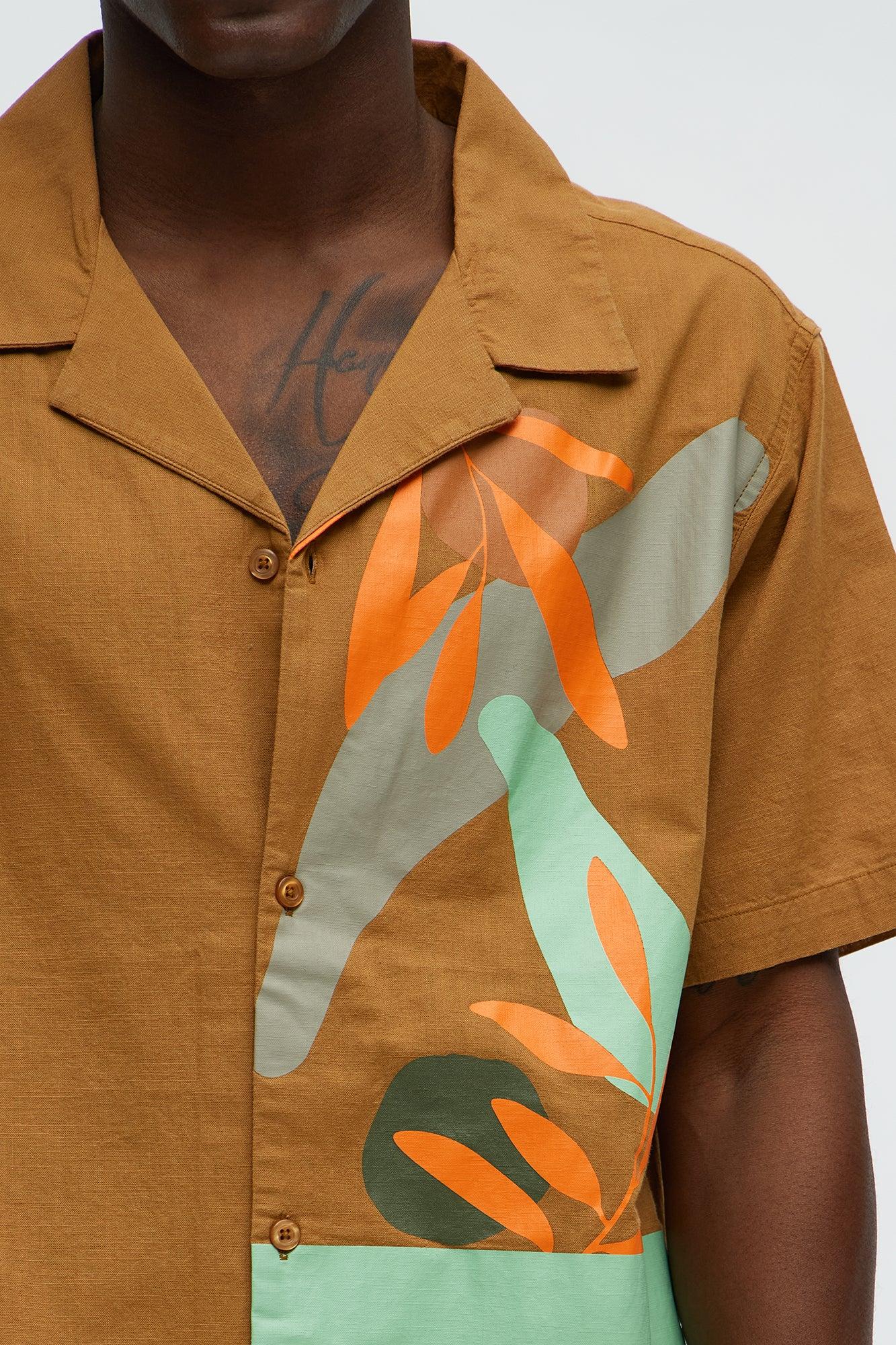 Brown Floral Short Sleeve Button Up Shirt  - Brown Product Image