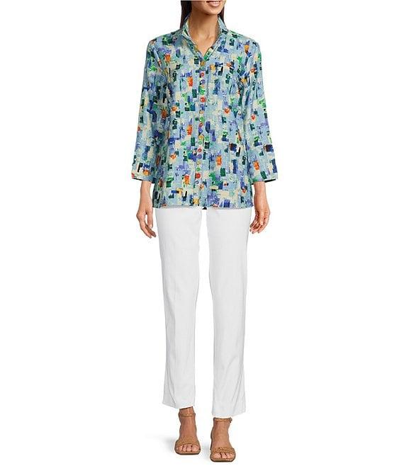 Ali Miles Abstract Tile Print Wire Collar 3/4 Sleeve Button-Front Tunic Product Image