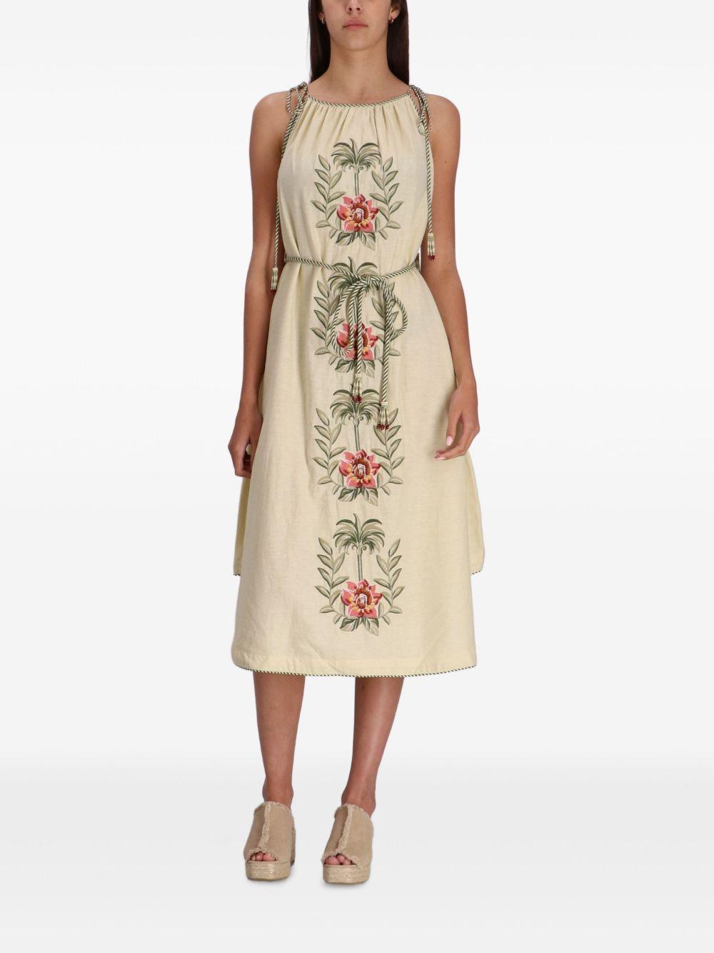 Sand Tropical Flower embroidered midi dress Product Image