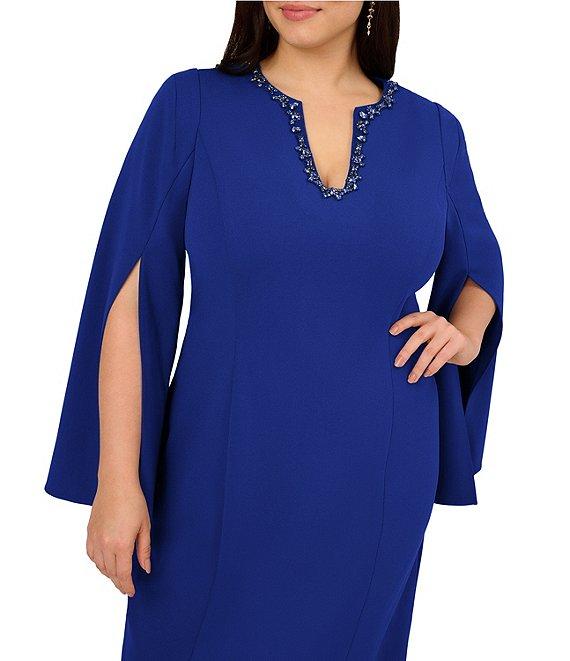 Adrianna Papell Plus Size Solid Crepe Jewel Embellished Split V-Neck Long Sleeve Sheath Dress Product Image