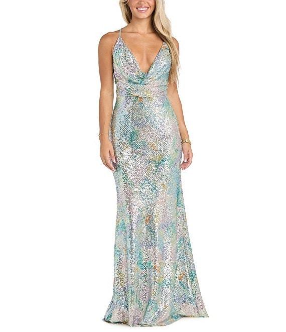 Morgan & Co. Printed Sequin Drape Cowl Neck Cross Cross Back Dress Product Image