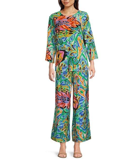 Calessa Petite Size Coordinating Knit Abstract Mosaic Print Crew Neck 3/4 Sleeve Tunic Product Image