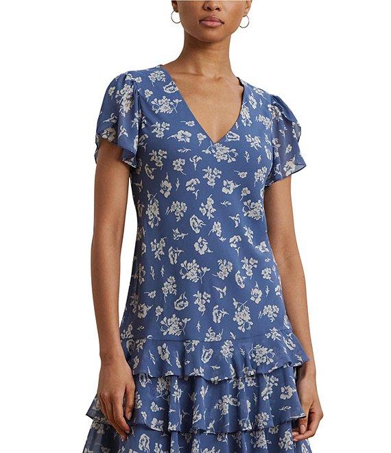 Lauren Ralph Lauren Rachna Short Flutter Sleeve Tiered Drop Waist Dress Product Image