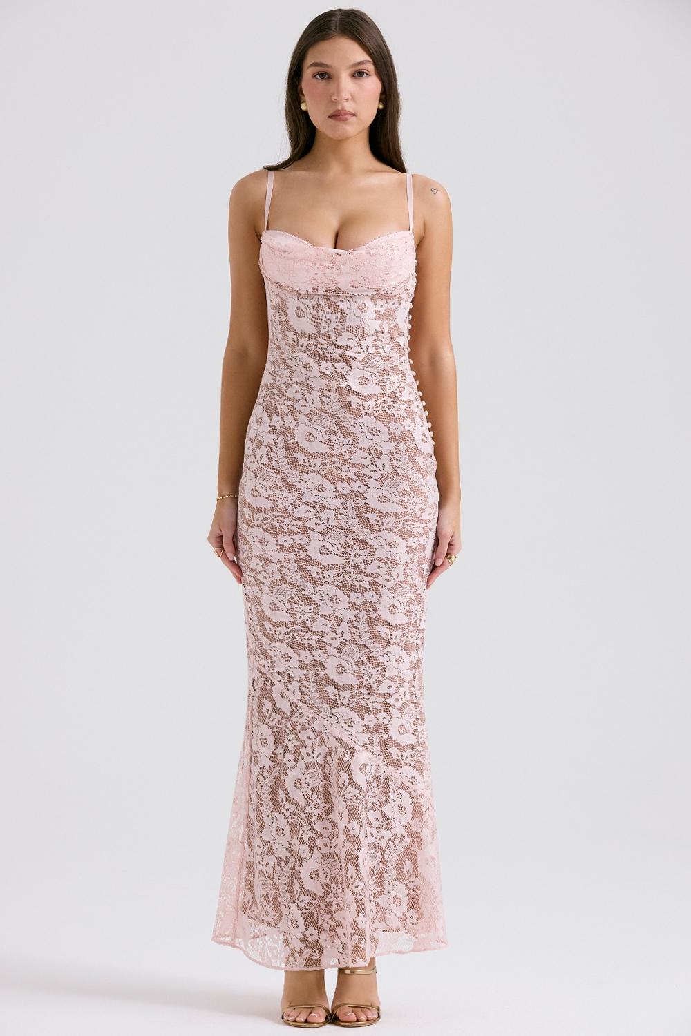 Azzurra  rose pink lace godet gown Product Image