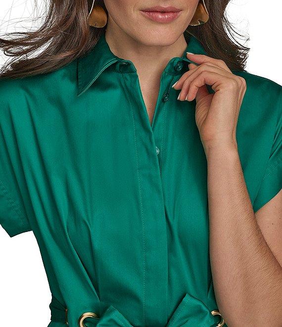 Donna Karan Cotton Sateen Collared Neck Short Sleeve Tie Sash Belt Midi Shirt Dress Product Image