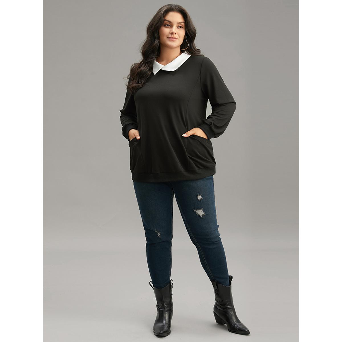 Plus Size Halloween Contrast Shirt Collar Patched Pocket Sweatshirt Women Black Casual Contrast Shirt collar Festival-Halloween Sweatshirts BloomChic 18-20/2X Product Image