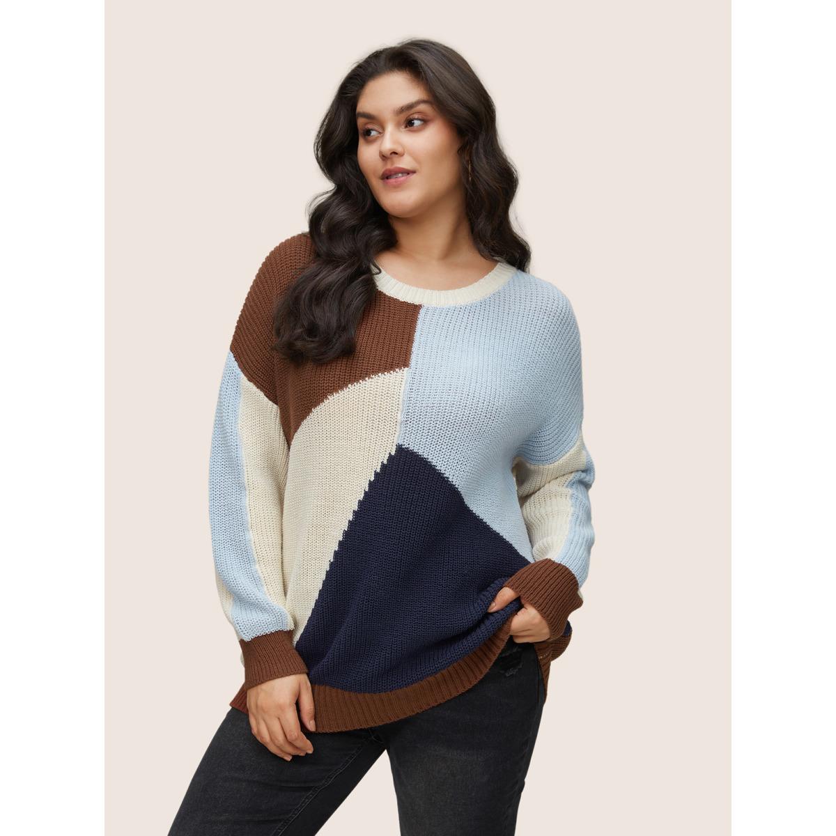 Plus Size Asymmetrical Colorblock Contrast Drop Shoulder Pullover DarkBrown Women Casual Loose Long Sleeve Round Neck Dailywear Pullovers BloomChic 18-20/2X Product Image