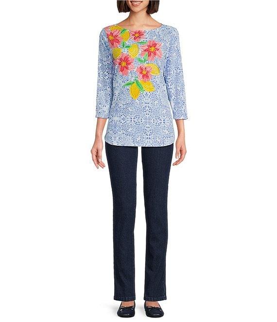 Ruby Rd. Embellished Floral Print Boat Neck 3/4 Sleeve Top Product Image