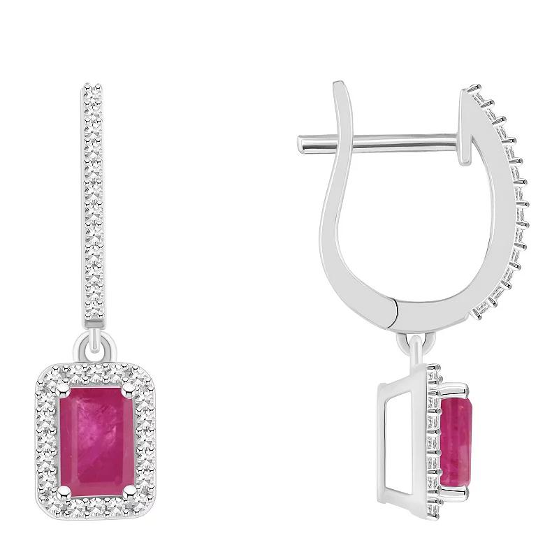 Celebration Gems Sterling Silver Emerald-Cut Ruby & 1/3 Carat T.W. Diamond Hoop Drop Earrings, Women's Product Image