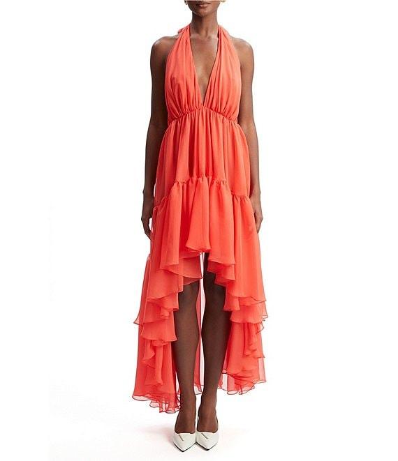 Bardot Leona Halter V-Neck Sleeveless Ruffle High-Low Hem A-Line Maxi Dress Product Image