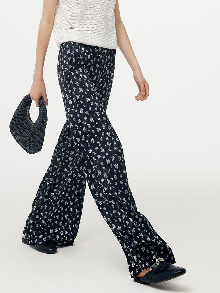 Floral Print Elastic Waist Women Wide Leg Pants With Scrunchie Product Image