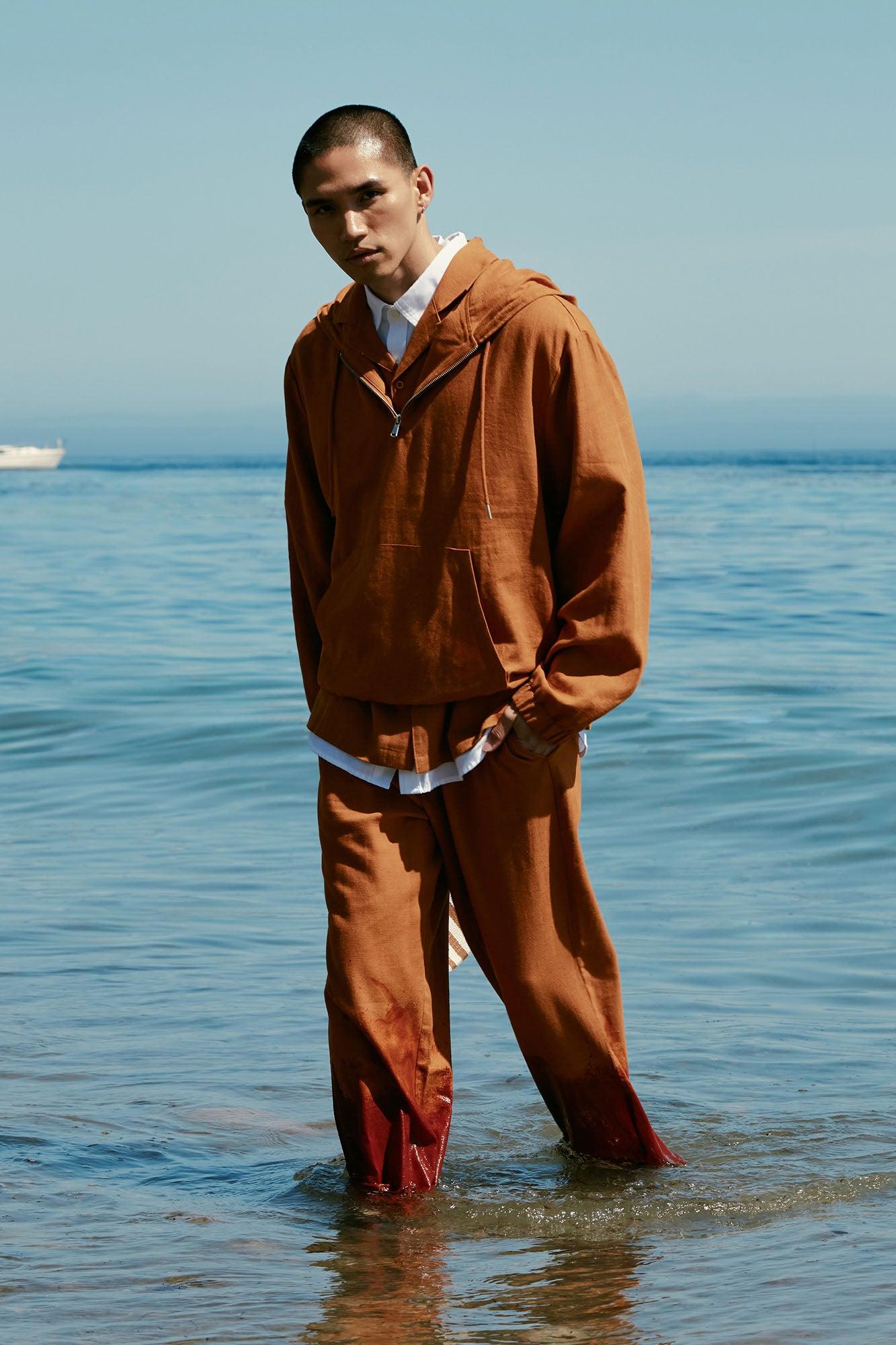 Bahamas Linen Relaxed Quarter Zip Hoodie - Rust Male Product Image