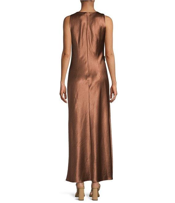 Gianni Bini Cheyanne Satin 3D Rosettes Cutout Round Neck Sleeveless Ruched Slip Maxi Dress Product Image