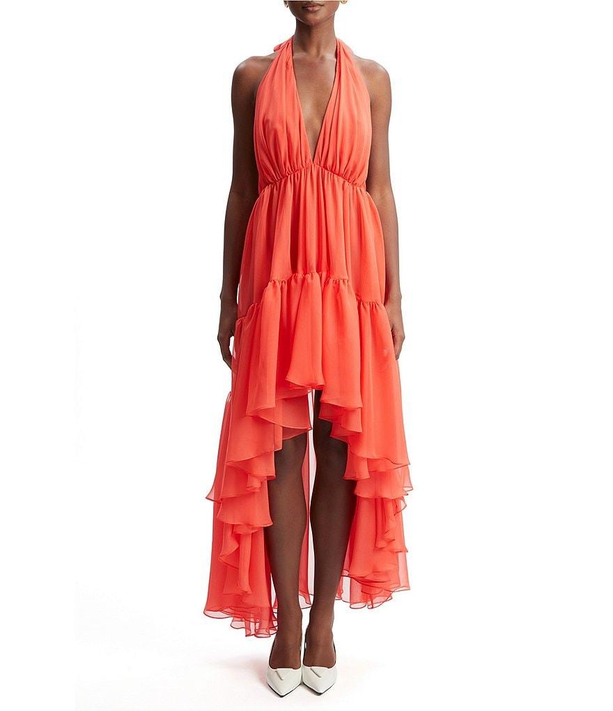 Bardot Leona Halter V-Neck Sleeveless Ruffle High-Low Hem A-Line Maxi Dress Product Image