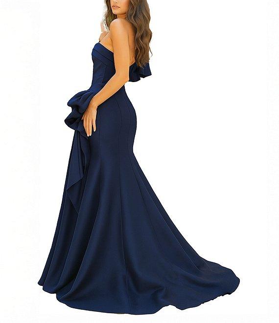 Terani Couture Mikado One Shoulder Ruffle Sleeve Sequin Applique Gathered Side Slit Gown Product Image