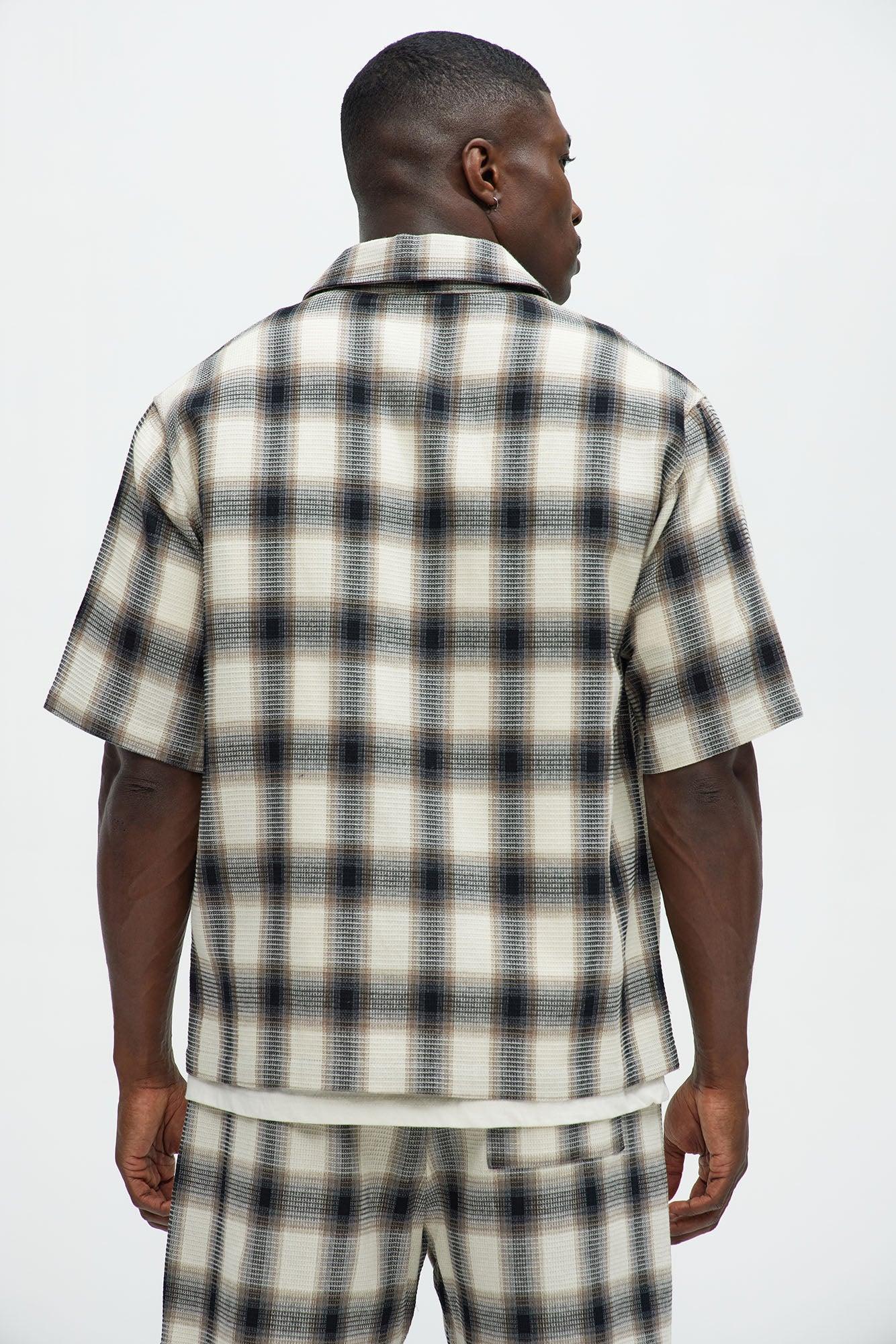 Plaid Waffle Texture Button Up Shirt - Black/combo Product Image