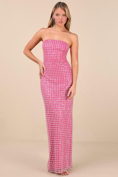 Perfectly Luxurious Pink Pearl Strapless Maxi Dress Product Image