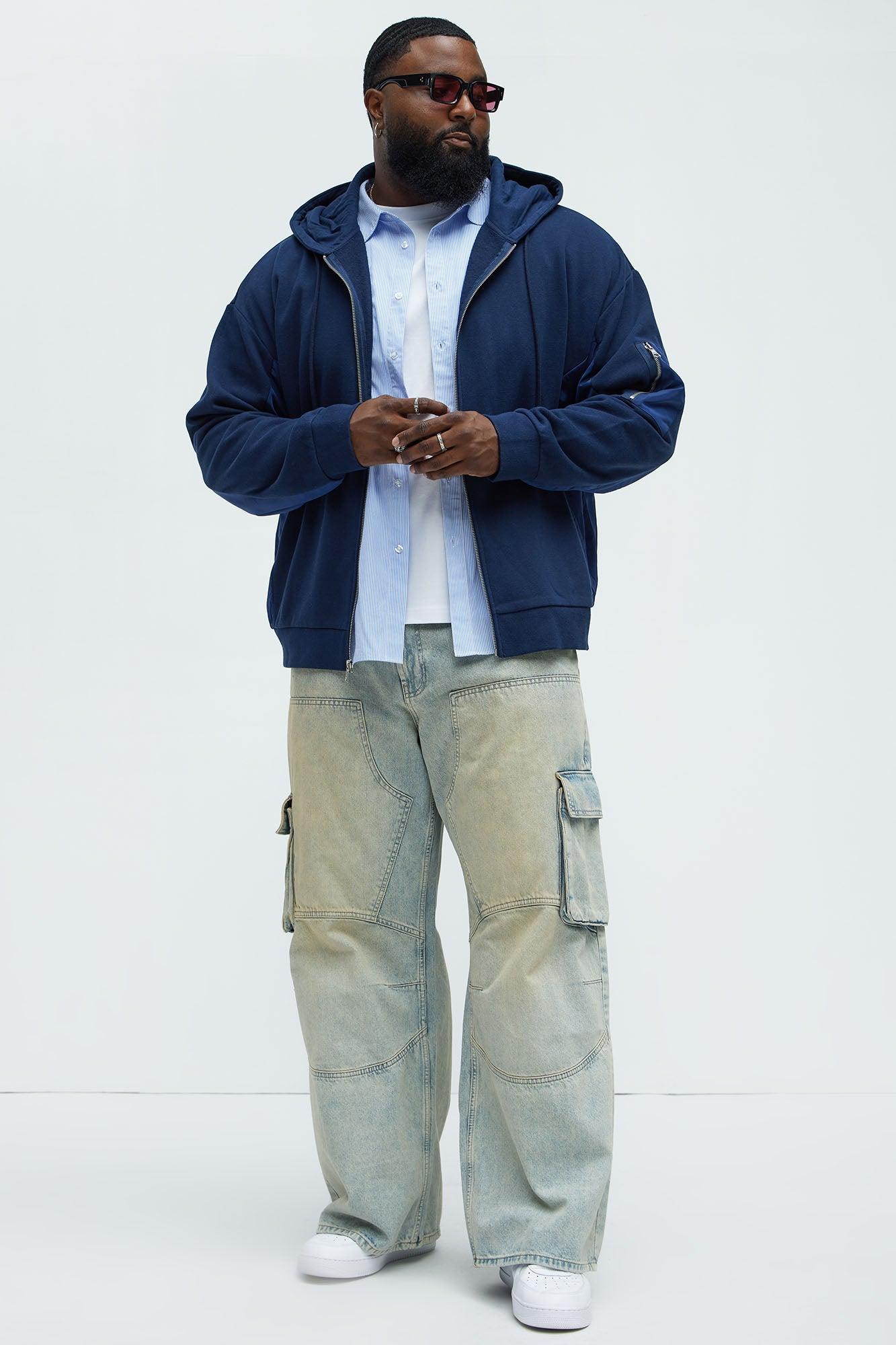 Tyson Faux Bomber Zip Up Hoodie - Navy Product Image