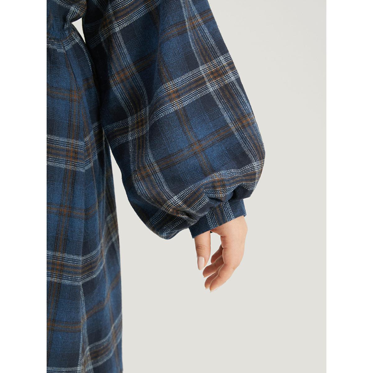 Plus Size Plaid Notched Button Up Lantern Sleeve Dress Aegean Women Casual Elastic cuffs Notched collar Long Sleeve Curvy Midi Dress BloomChic 14-16/1X Product Image