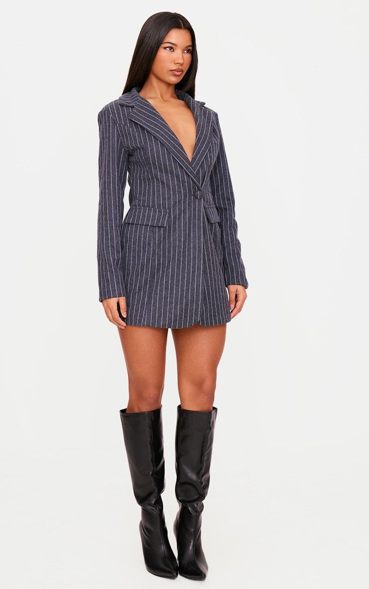 Navy Brushed Woven Pinstripe Cinched Waist Blazer Dress Product Image