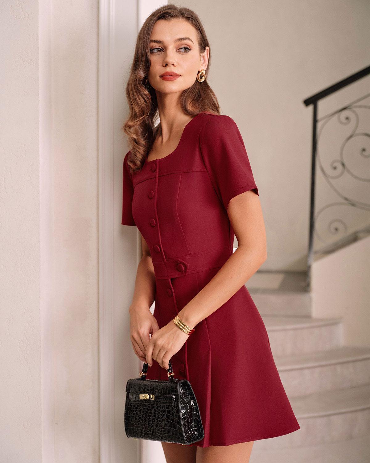 Red U Neck A-Line Mini Dress Product Image