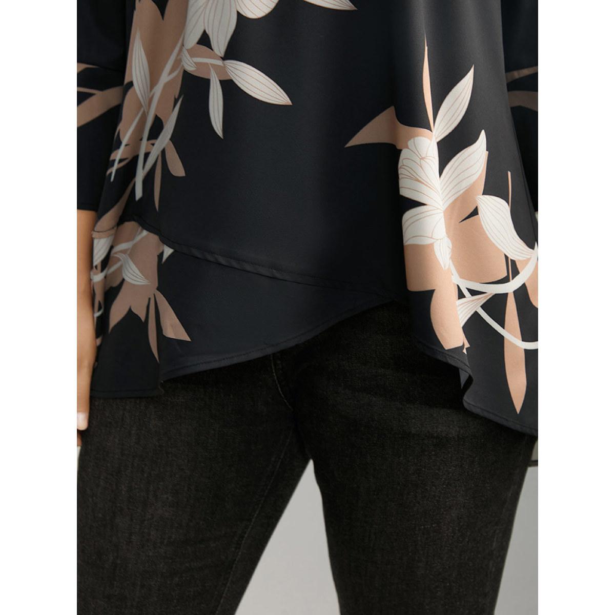 Plus Size Black Floral Print Bell Sleeve Asymmetrical Hem Blouse Women Elegant Elbow-length sleeve V-neck Dailywear Blouses BloomChic 14-16/1X Product Image