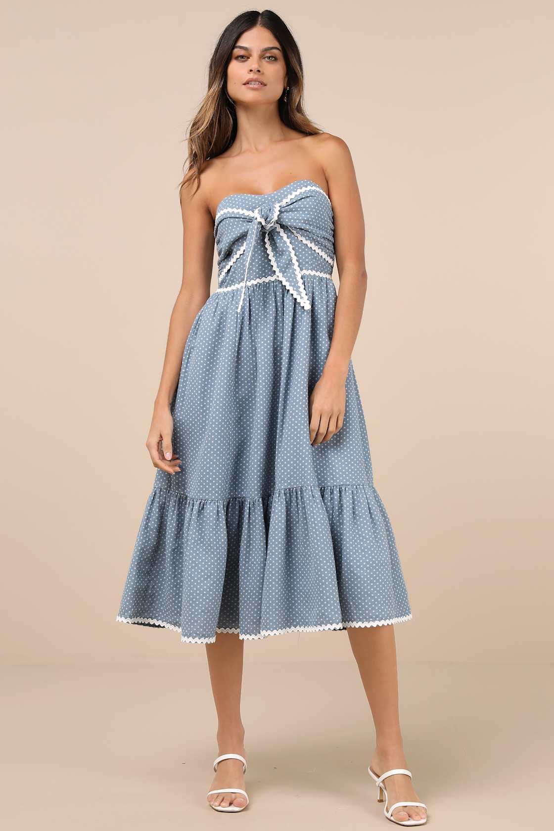 Delightful Design Dusty Blue Polka Dot Midi Dress With Pockets Product Image