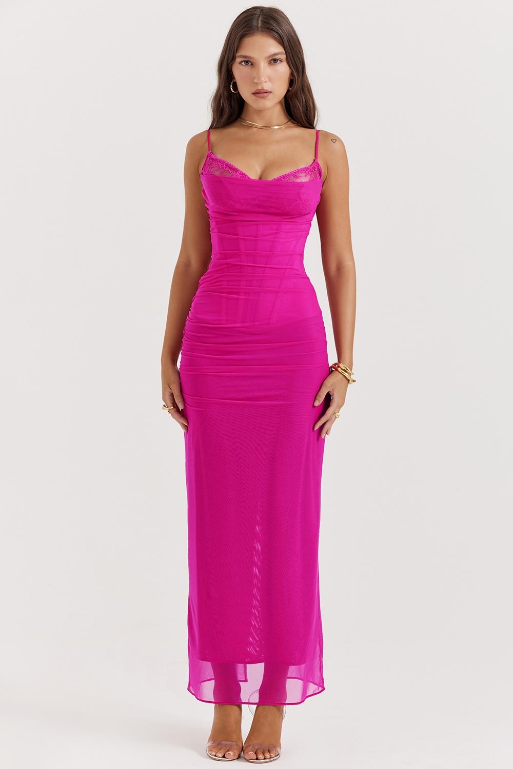 Nalini  fuchsia stretch mesh maxi dress Product Image