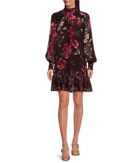 Alex Marie Tinsley Chiffon Floral Print Mock Neck Long Sleeve Ruffled Mini Shift Dress Product Image