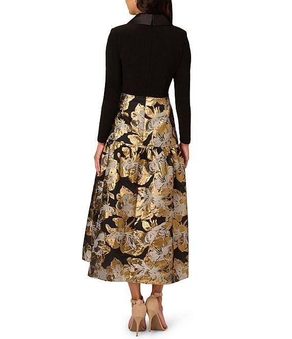 Adrianna Papell Floral Jacquard Lapel V-Neck Long Sleeve Side Pocket Tuxedo Midi Dress Product Image
