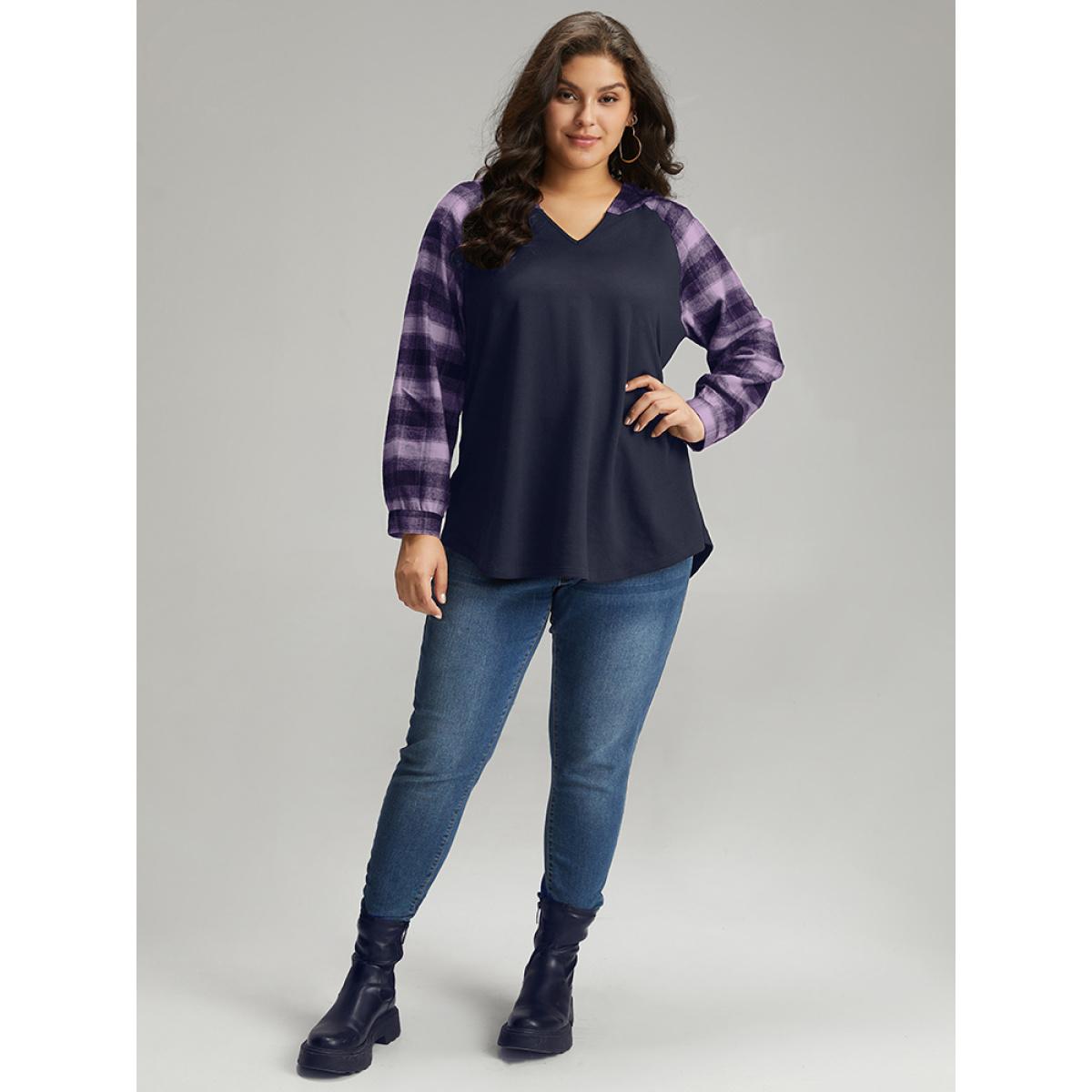 Plus Size Plaid Print Hooded Patchwork Sweatshirt Women Indigo Leisure Patchwork Hooded Casual Sweatshirts BloomChic 26/4X Product Image