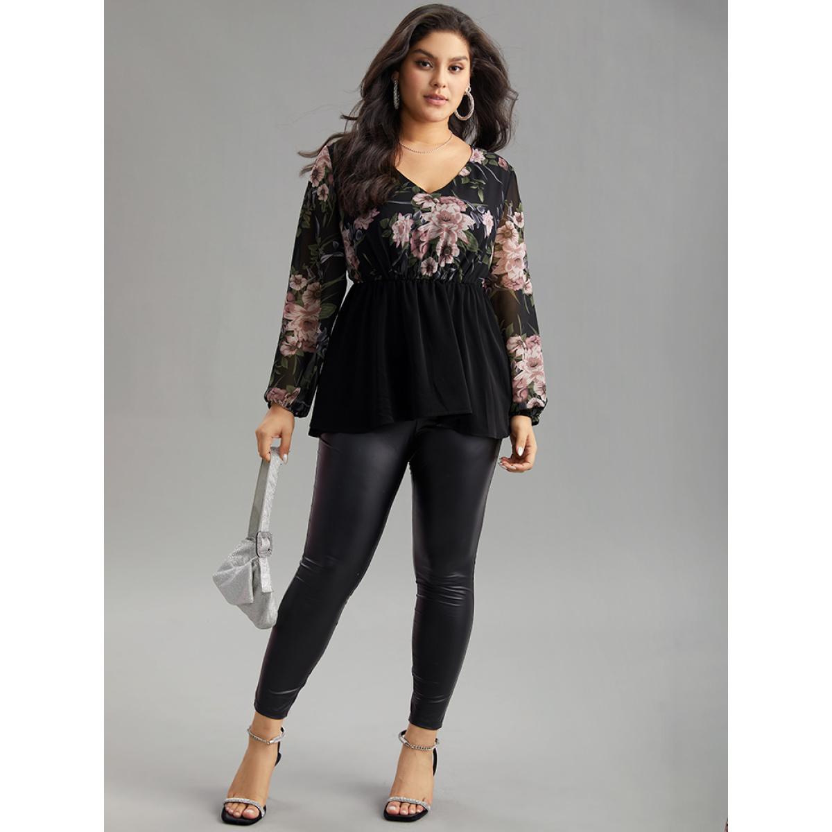 Plus Size Black Floral Print Patchwork Elastic Waist Lantern Sleeve Blouse Women Elegant Long Sleeve V-neck Going out Blouses BloomChic 14-16/1X Product Image