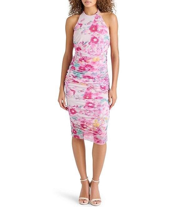 Steve Madden Lea Floral Print Halter Neck Sleeveless Mesh Ruched Midi Dress Product Image